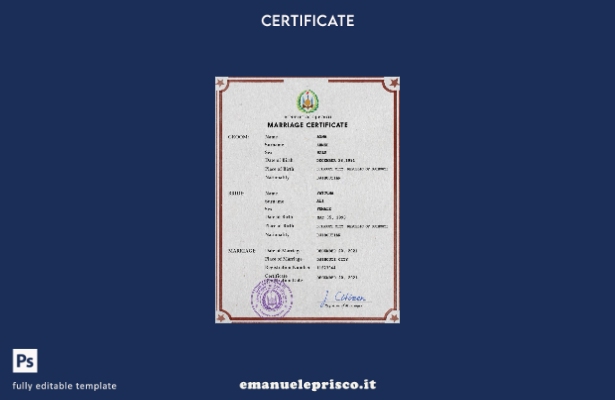 modello PSD di certificato di matrimonio di Gibuti in stile verificato